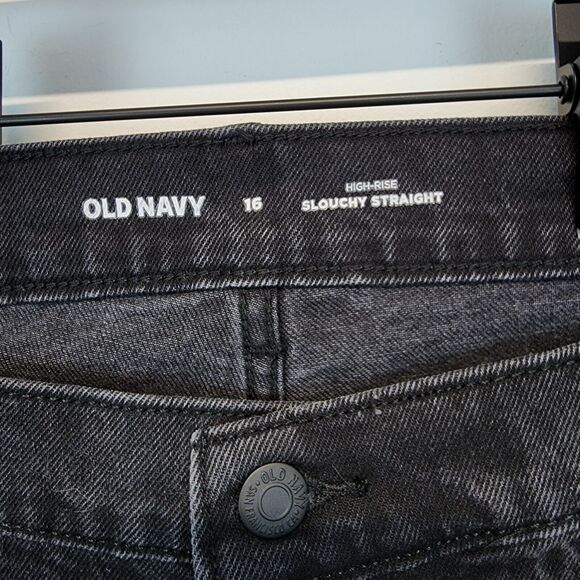 Old Navy High Waist Jeans Size 16 Button Fly Slouchy Straight Black Wash Faded - Picture 11 of 13